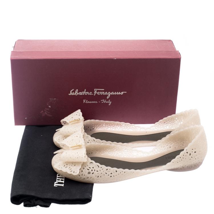 Pre Owned Salvatore Ferragamo Beige Nilly Jelly Bow Ballet Flats Size 40.5
