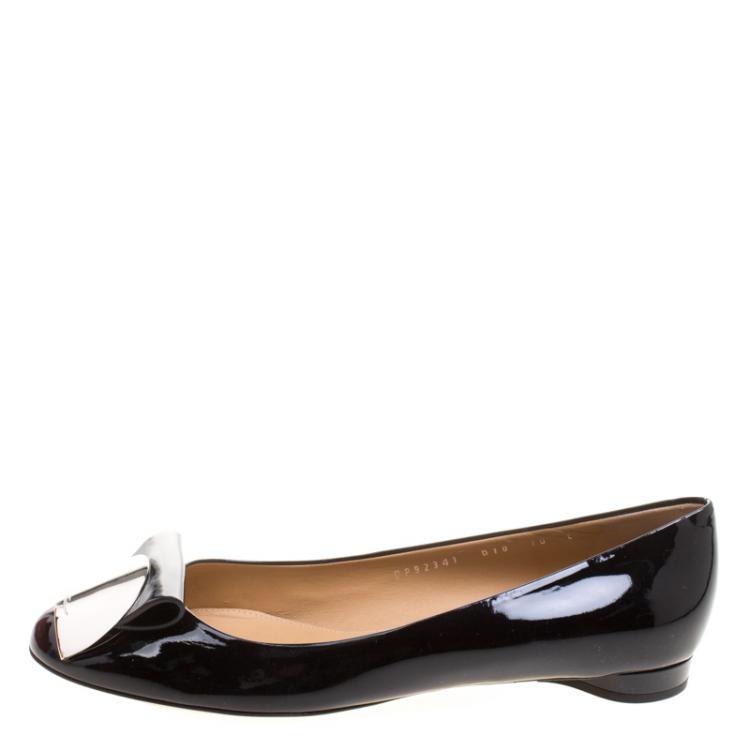 Pre Owned Salvatore Ferragamo Black Patent Posi Flats Size 40.5