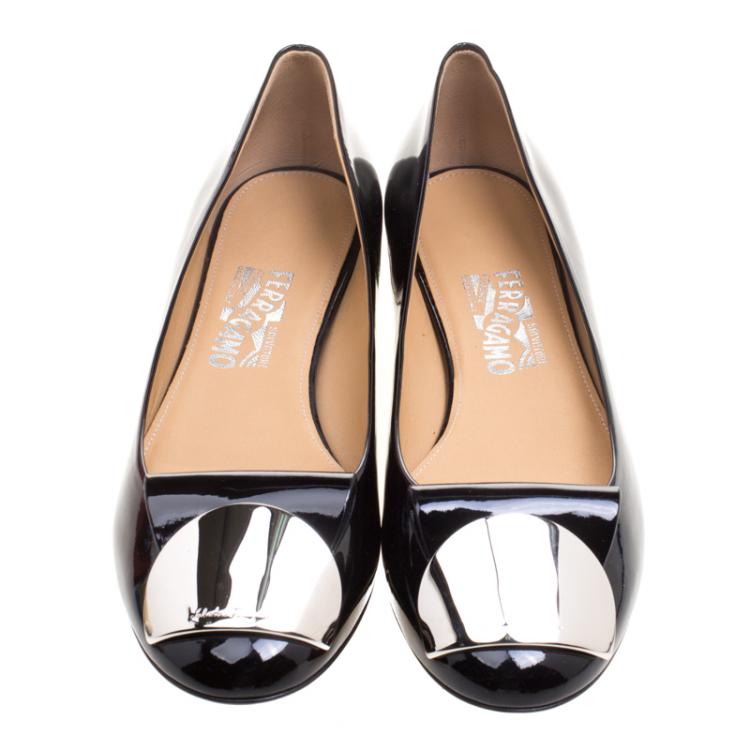 Pre Owned Salvatore Ferragamo Black Patent Posi Flats Size 40.5