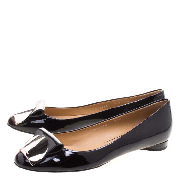 Pre Owned Salvatore Ferragamo Black Patent Posi Flats Size 40.5