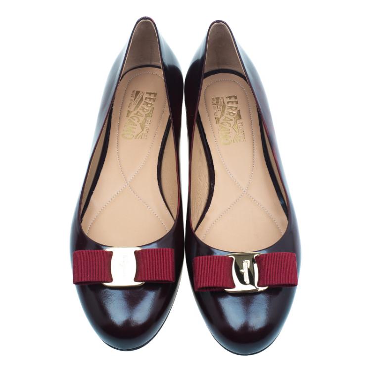 Pre Owned Salvatore Ferragamo Burgundy Patent Varina Bow Ballet Flats Size 40.5