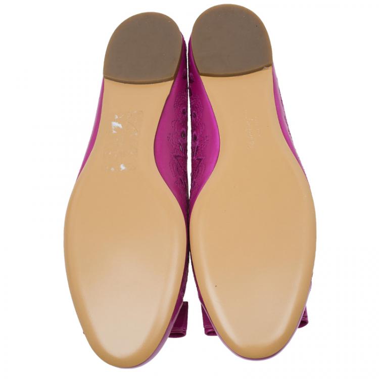Pre Owned Salvatore Ferragamo Pink Varina Leather Laser Cut Out Ballet Flats Size 40.5