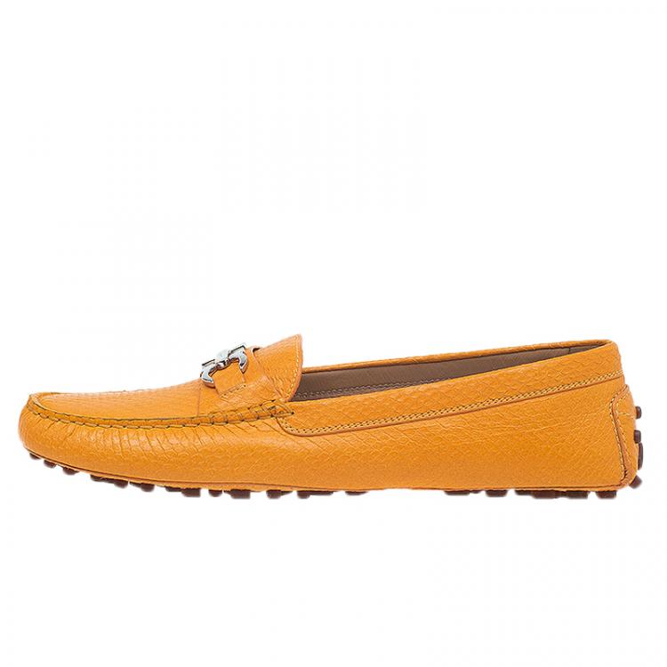 Pre Owned Salvatore Ferragamo Yellow Lizzard Embossed Loafers Size 39.5