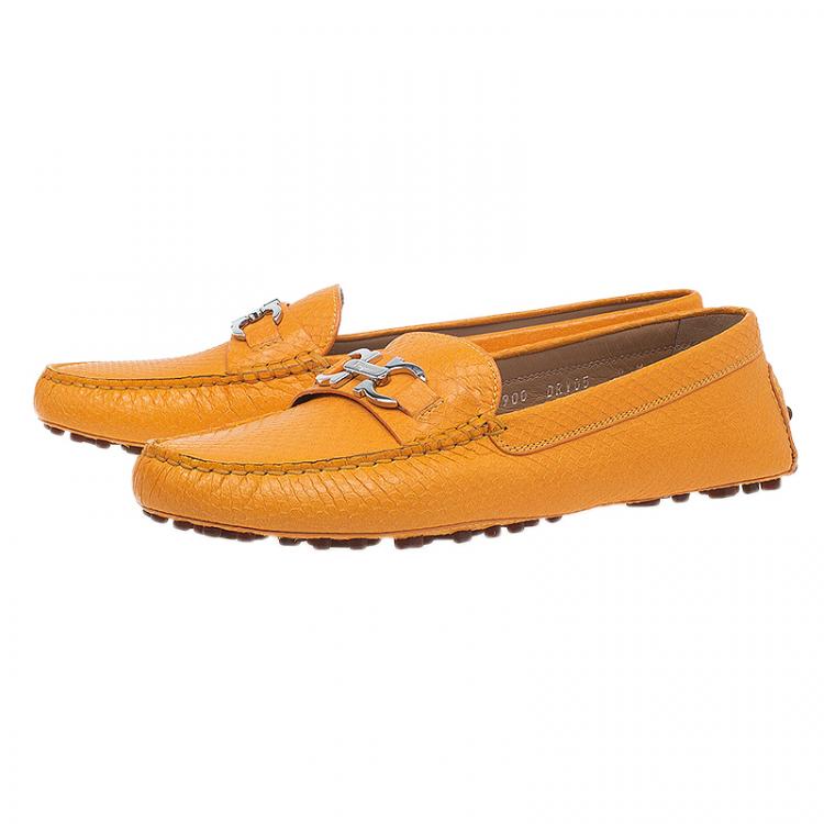 Pre Owned Salvatore Ferragamo Yellow Lizzard Embossed Loafers Size 39.5