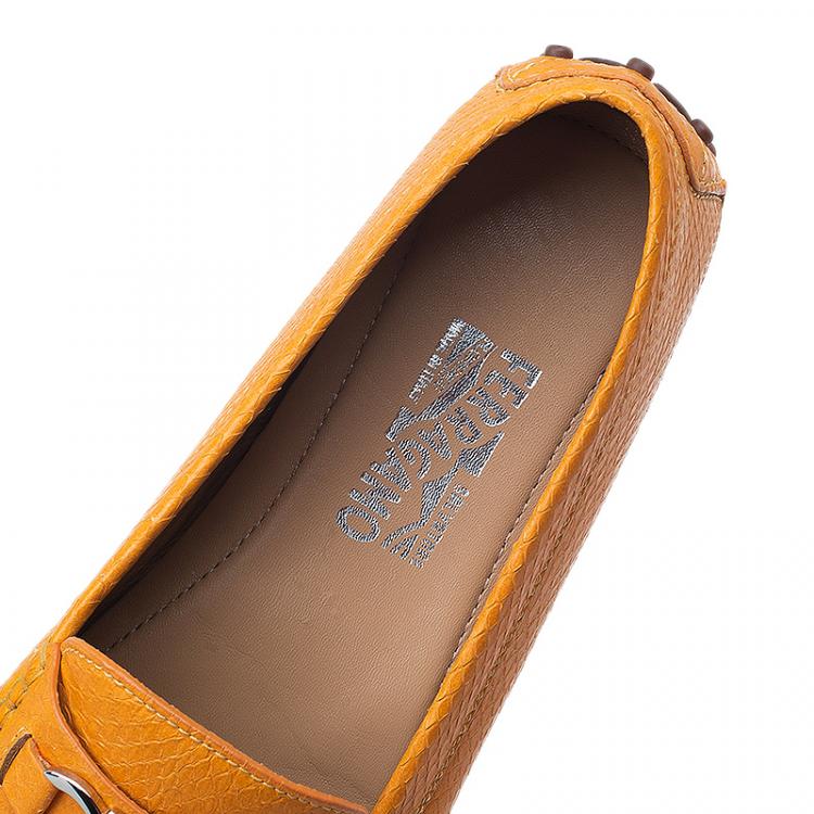 Pre Owned Salvatore Ferragamo Yellow Lizzard Embossed Loafers Size 39.5