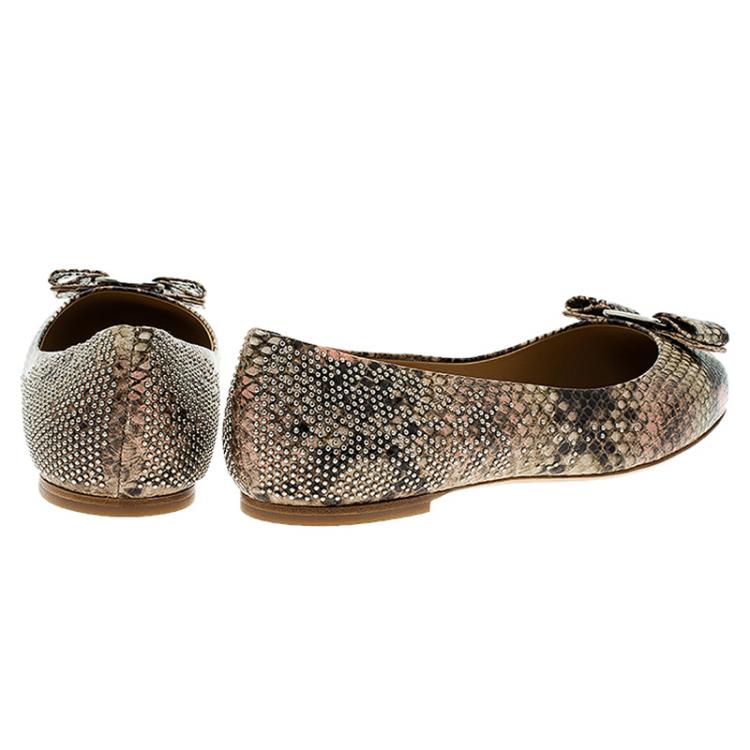 Pre Owned Salvatore Ferragamo Beige Python Embossed Varina Studded Bow Ballet Flats Size 40.5 