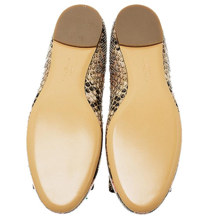 Pre Owned Salvatore Ferragamo Beige Python Embossed Varina Studded Bow Ballet Flats Size 40.5 