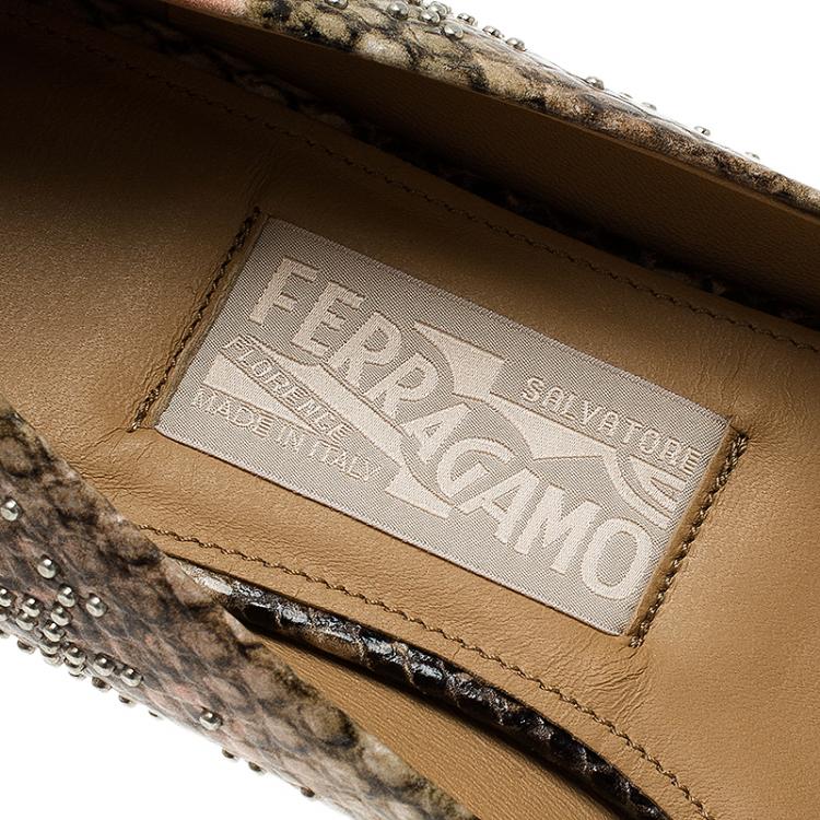 Pre Owned Salvatore Ferragamo Beige Python Embossed Varina Studded Bow Ballet Flats Size 40.5 