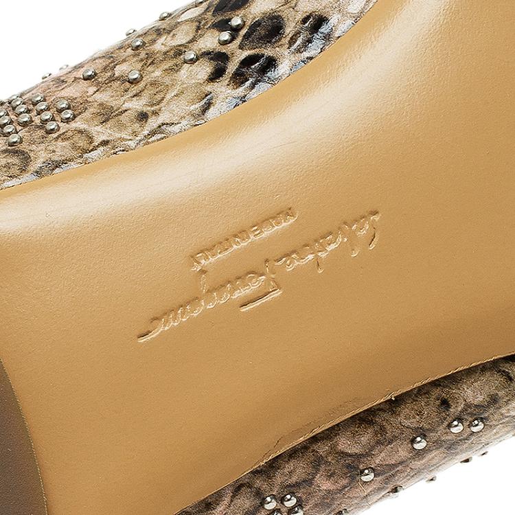Pre Owned Salvatore Ferragamo Beige Python Embossed Varina Studded Bow Ballet Flats Size 40.5 