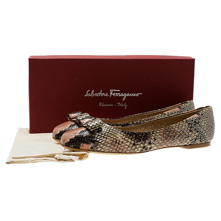 Pre Owned Salvatore Ferragamo Beige Python Embossed Varina Studded Bow Ballet Flats Size 40.5 
