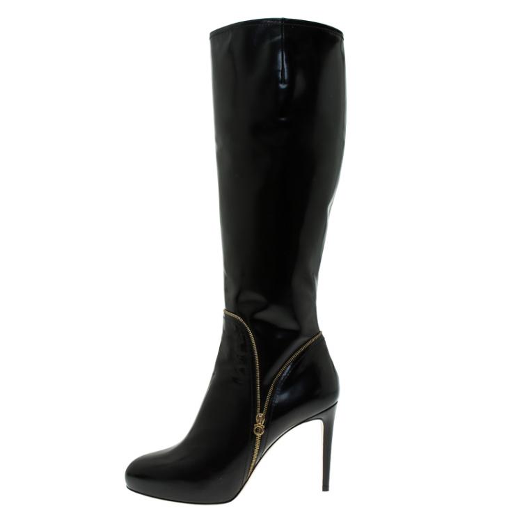 مملوكة مسبقًا Salvatore Ferragamo Black Patent Zip Detail Tall Boots Size 40