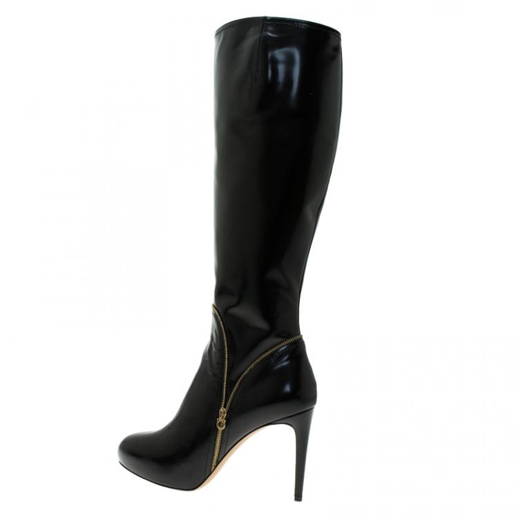 مملوكة مسبقًا Salvatore Ferragamo Black Patent Zip Detail Tall Boots Size 40