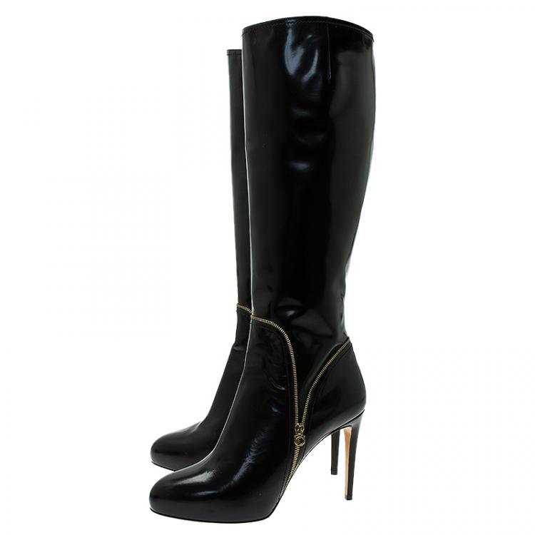 مملوكة مسبقًا Salvatore Ferragamo Black Patent Zip Detail Tall Boots Size 40
