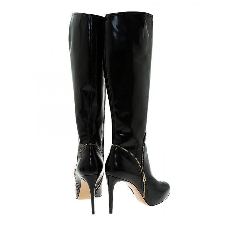 مملوكة مسبقًا Salvatore Ferragamo Black Patent Zip Detail Tall Boots Size 40