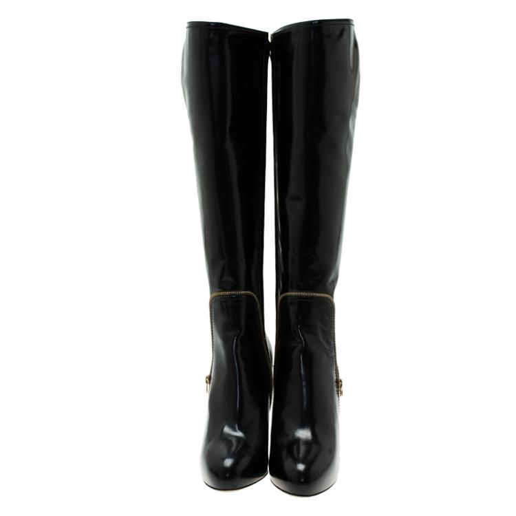 مملوكة مسبقًا Salvatore Ferragamo Black Patent Zip Detail Tall Boots Size 40