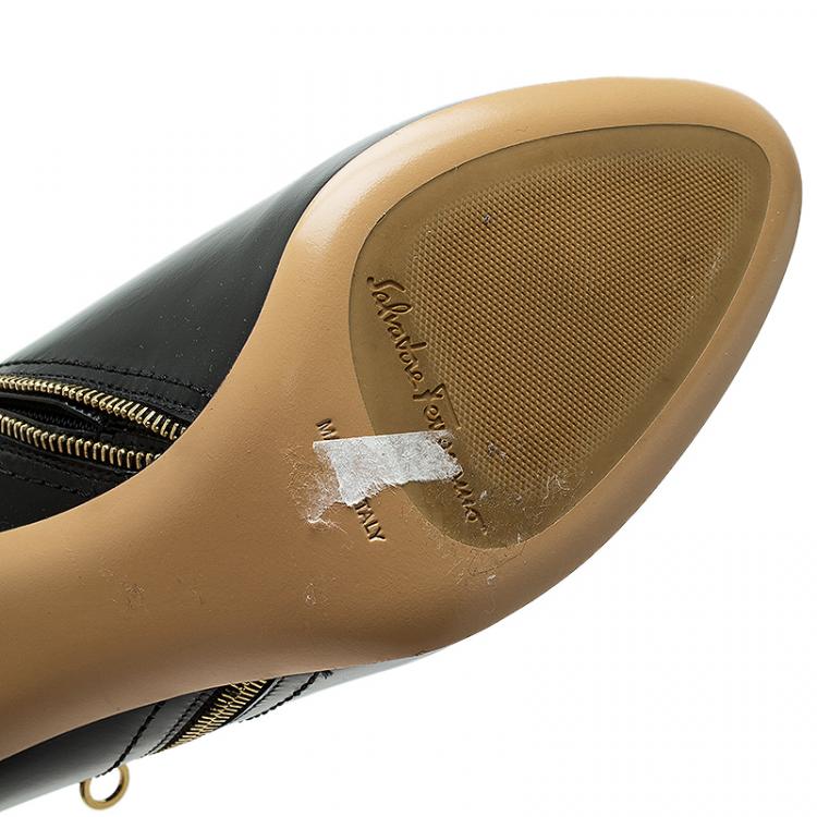 مملوكة مسبقًا Salvatore Ferragamo Black Patent Zip Detail Tall Boots Size 40
