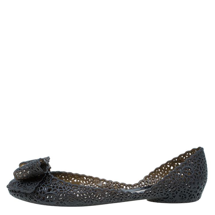 Pre Owned Salvatore Ferragamo Black Cutout Jelly Nilly Bow Ballet Flats Size 39.5
