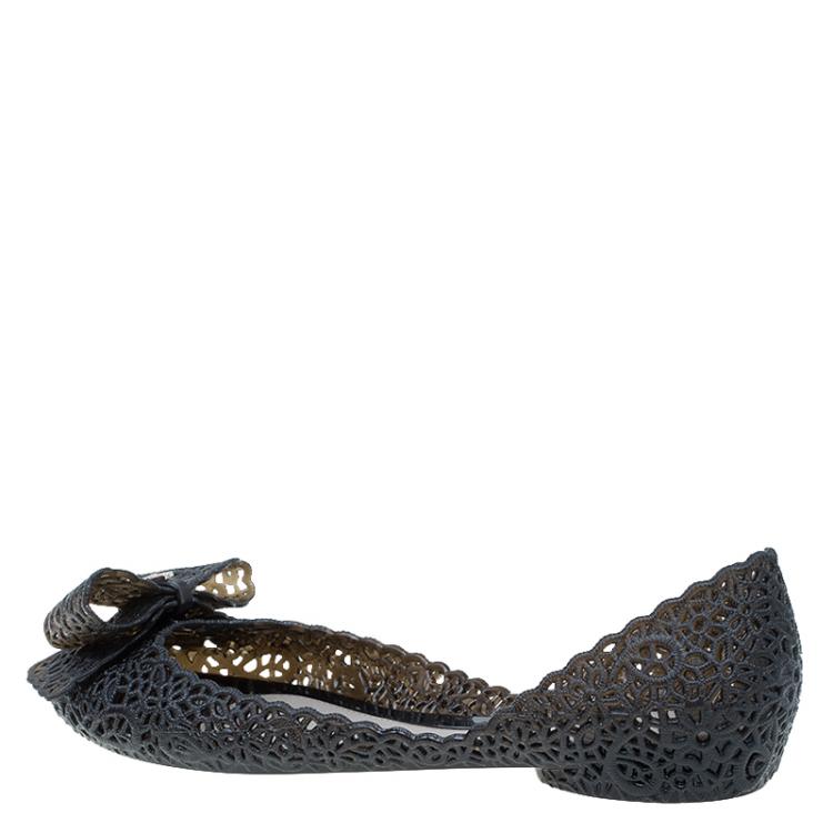 Pre Owned Salvatore Ferragamo Black Cutout Jelly Nilly Bow Ballet Flats Size 39.5