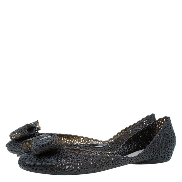 Pre Owned Salvatore Ferragamo Black Cutout Jelly Nilly Bow Ballet Flats Size 39.5