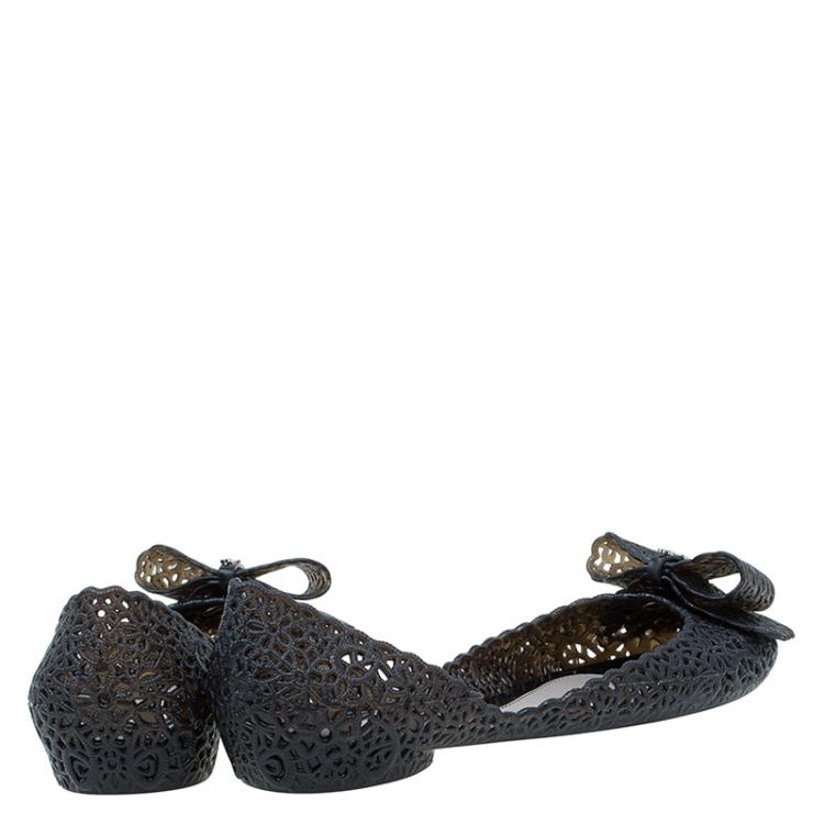 Pre Owned Salvatore Ferragamo Black Cutout Jelly Nilly Bow Ballet Flats Size 39.5