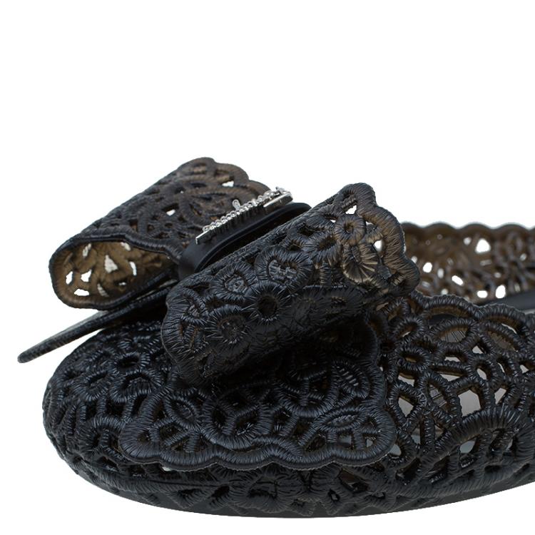 Pre Owned Salvatore Ferragamo Black Cutout Jelly Nilly Bow Ballet Flats Size 39.5