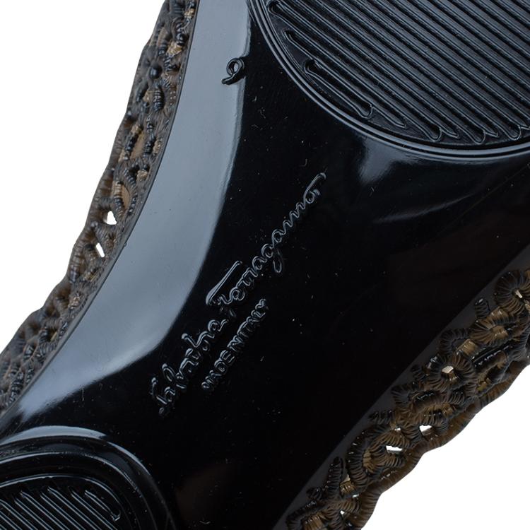 Pre Owned Salvatore Ferragamo Black Cutout Jelly Nilly Bow Ballet Flats Size 39.5