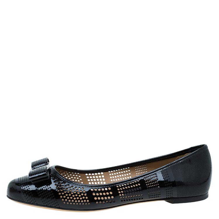 Pre Owned Salvatore Ferragamo Black Patent Perforated Leather Varina Ballet Flats Size 40.5