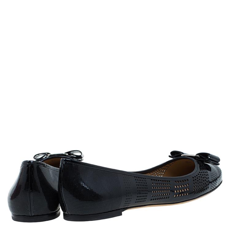 Pre Owned Salvatore Ferragamo Black Patent Perforated Leather Varina Ballet Flats Size 40.5