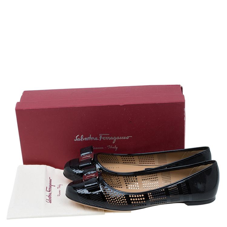 Pre Owned Salvatore Ferragamo Black Patent Perforated Leather Varina Ballet Flats Size 40.5