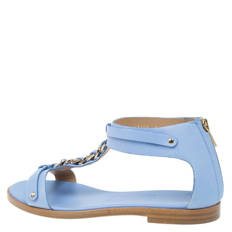 Pre Owned Salvatore Ferragamo Light Blue Leather Moe Chain Detail Flat Sandals Size 37.5