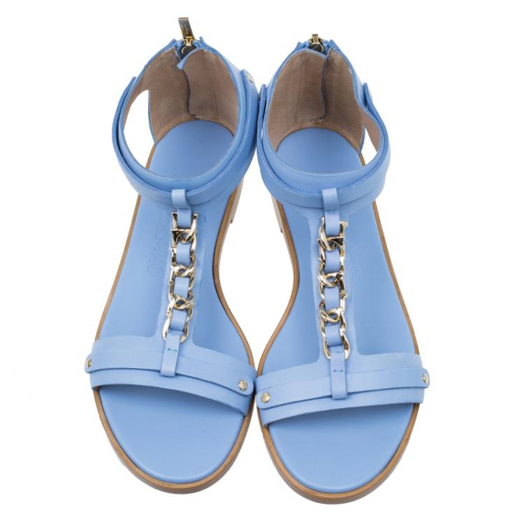 Pre Owned Salvatore Ferragamo Light Blue Leather Moe Chain Detail Flat Sandals Size 37.5