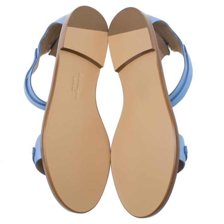 Pre Owned Salvatore Ferragamo Light Blue Leather Moe Chain Detail Flat Sandals Size 37.5