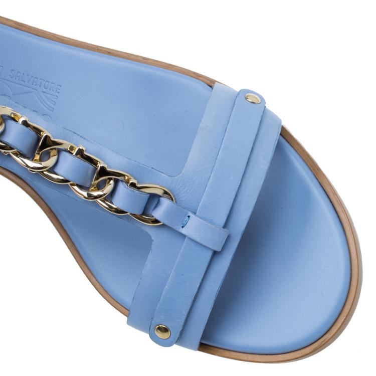 Pre Owned Salvatore Ferragamo Light Blue Leather Moe Chain Detail Flat Sandals Size 37.5