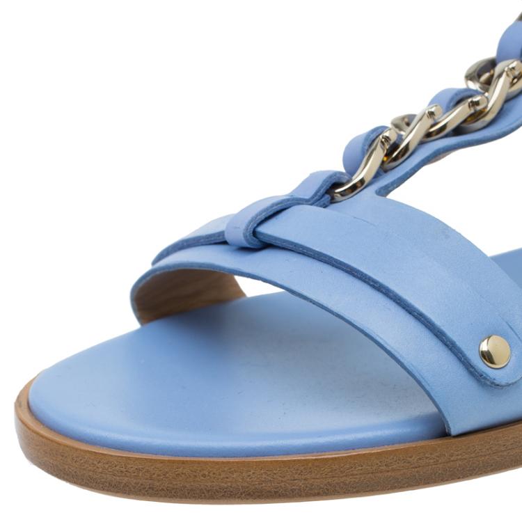 Pre Owned Salvatore Ferragamo Light Blue Leather Moe Chain Detail Flat Sandals Size 37.5