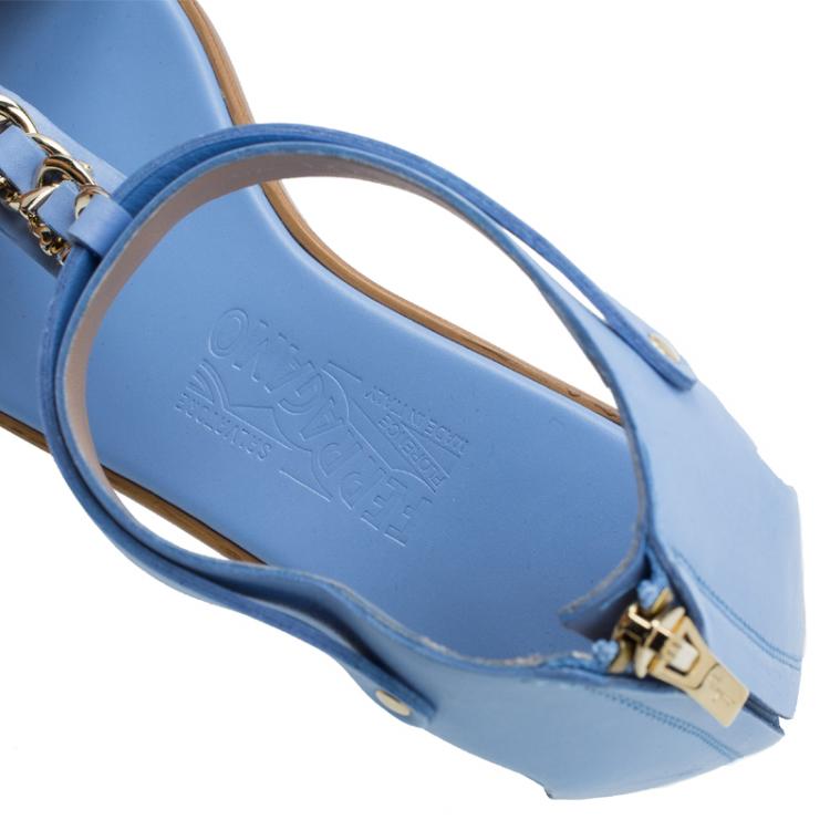 Pre Owned Salvatore Ferragamo Light Blue Leather Moe Chain Detail Flat Sandals Size 37.5