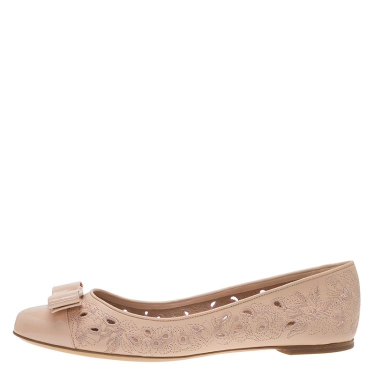 Pre Owned Salvatore Ferragamo Beige Laser Cut Leather Varina Ballet Flats Size 41