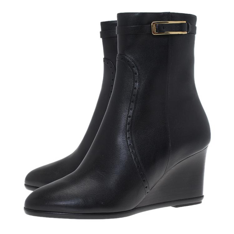 Pre Owned Salvatore Ferragamo Black Leather Navy Ankle Boots Size 39.5