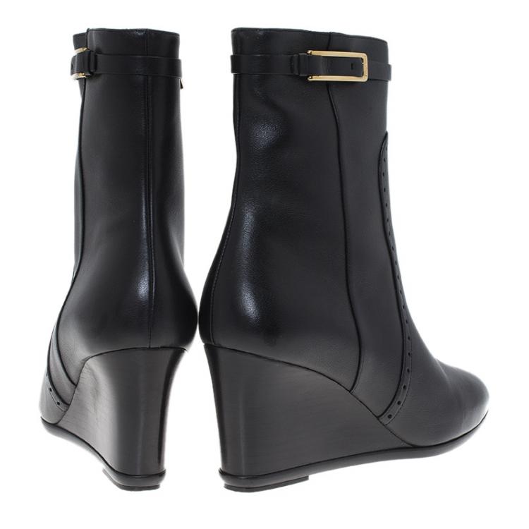 Pre Owned Salvatore Ferragamo Black Leather Navy Ankle Boots Size 39.5