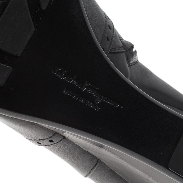 Pre Owned Salvatore Ferragamo Black Leather Navy Ankle Boots Size 39.5