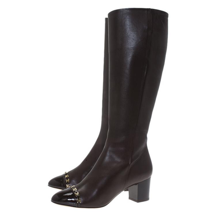 Pre Owned Salvatore Ferragamo Brown Leather Cap Toe Nanni Knee Boots Size 38.5