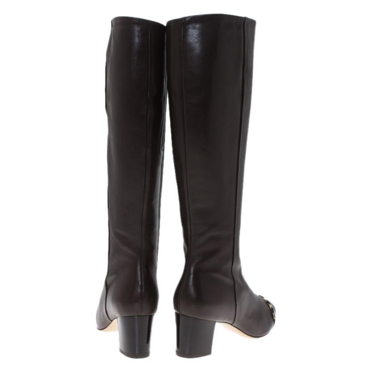 Pre Owned Salvatore Ferragamo Brown Leather Cap Toe Nanni Knee Boots Size 38.5