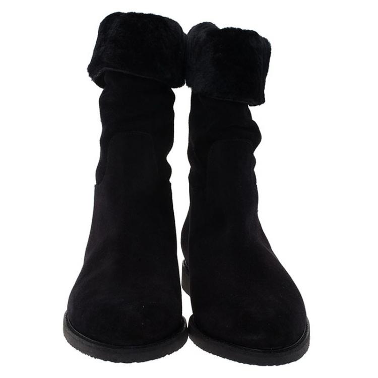 Pre Owned Salvatore Ferragamo Black Suede and Shearling 'My Ease' Mid Calf Boots Size 40.5