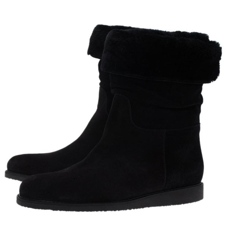 Pre Owned Salvatore Ferragamo Black Suede and Shearling 'My Ease' Mid Calf Boots Size 40.5