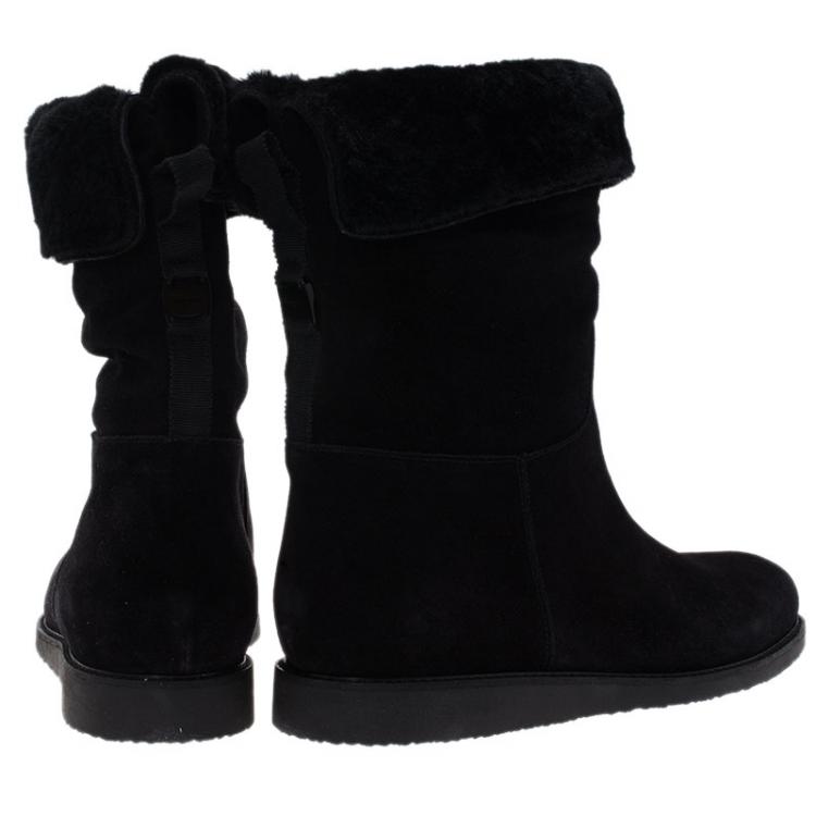 Pre Owned Salvatore Ferragamo Black Suede and Shearling 'My Ease' Mid Calf Boots Size 40.5