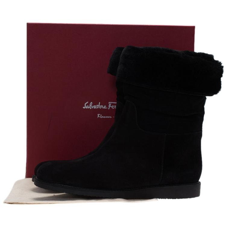 Pre Owned Salvatore Ferragamo Black Suede and Shearling 'My Ease' Mid Calf Boots Size 40.5