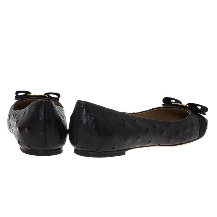 Pre Owned Salvatore Ferragamo Black Ostrich Leather Varina Ballet Flats Size 40