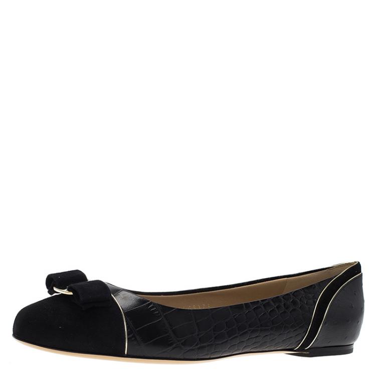 Pre Owned Salvatore Ferragamo Black Leather and Suede Varina Luxury Ballet Flats Size 40