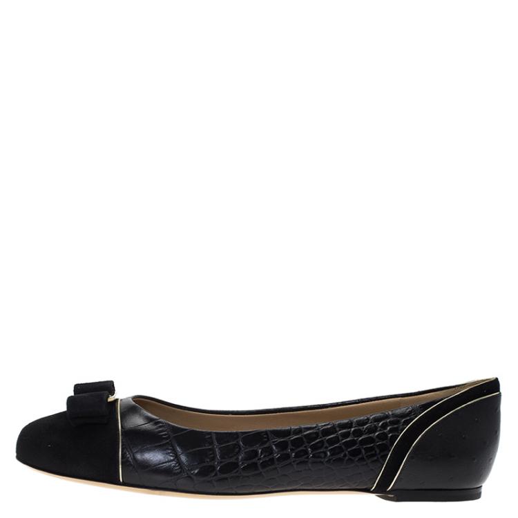 Pre Owned Salvatore Ferragamo Black Leather and Suede Varina Luxury Ballet Flats Size 40