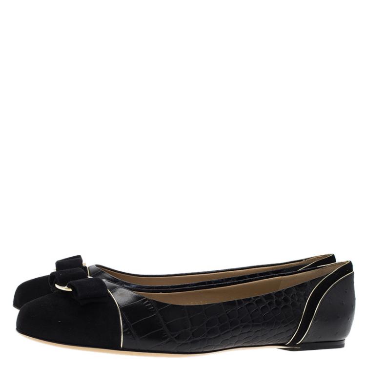 Pre Owned Salvatore Ferragamo Black Leather and Suede Varina Luxury Ballet Flats Size 40