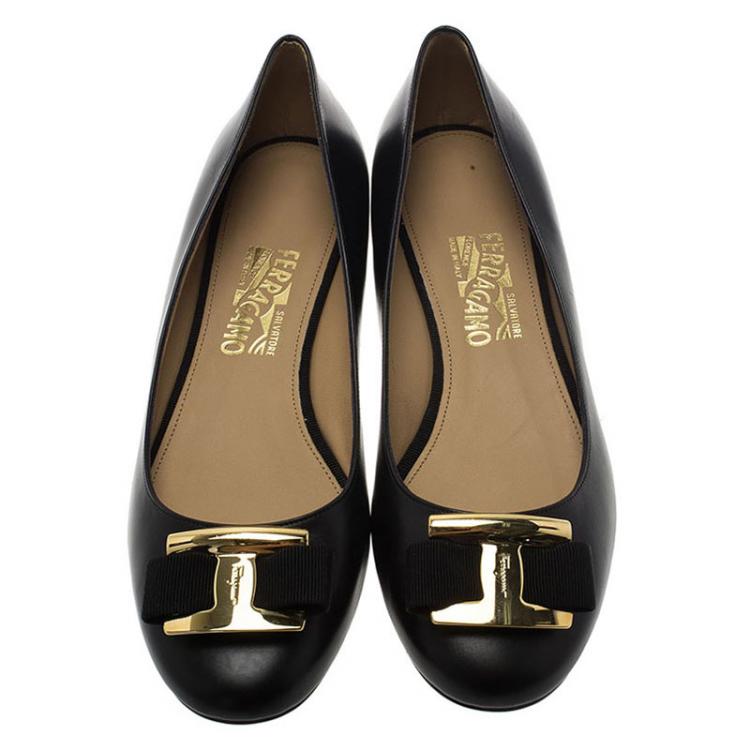 Pre Owned Salvatore Ferragamo Black Leather Ninna Kangaroo Bow Ballet Flats Size 40.5